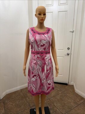Jillian Jones 10 Sleeveless Pink Floral Embroidered Print Dress Scoop Neck